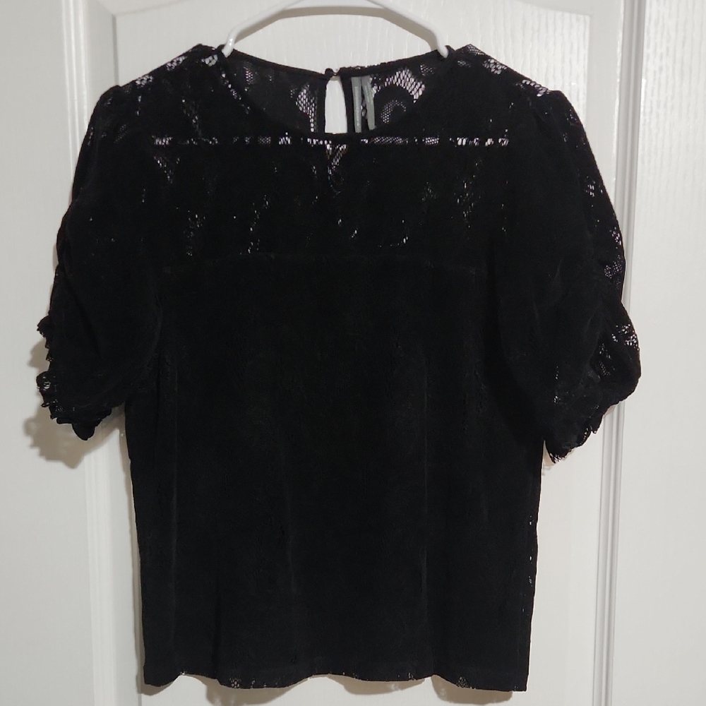 Anthropologie Black Lace Puff-Sleeve Blouse